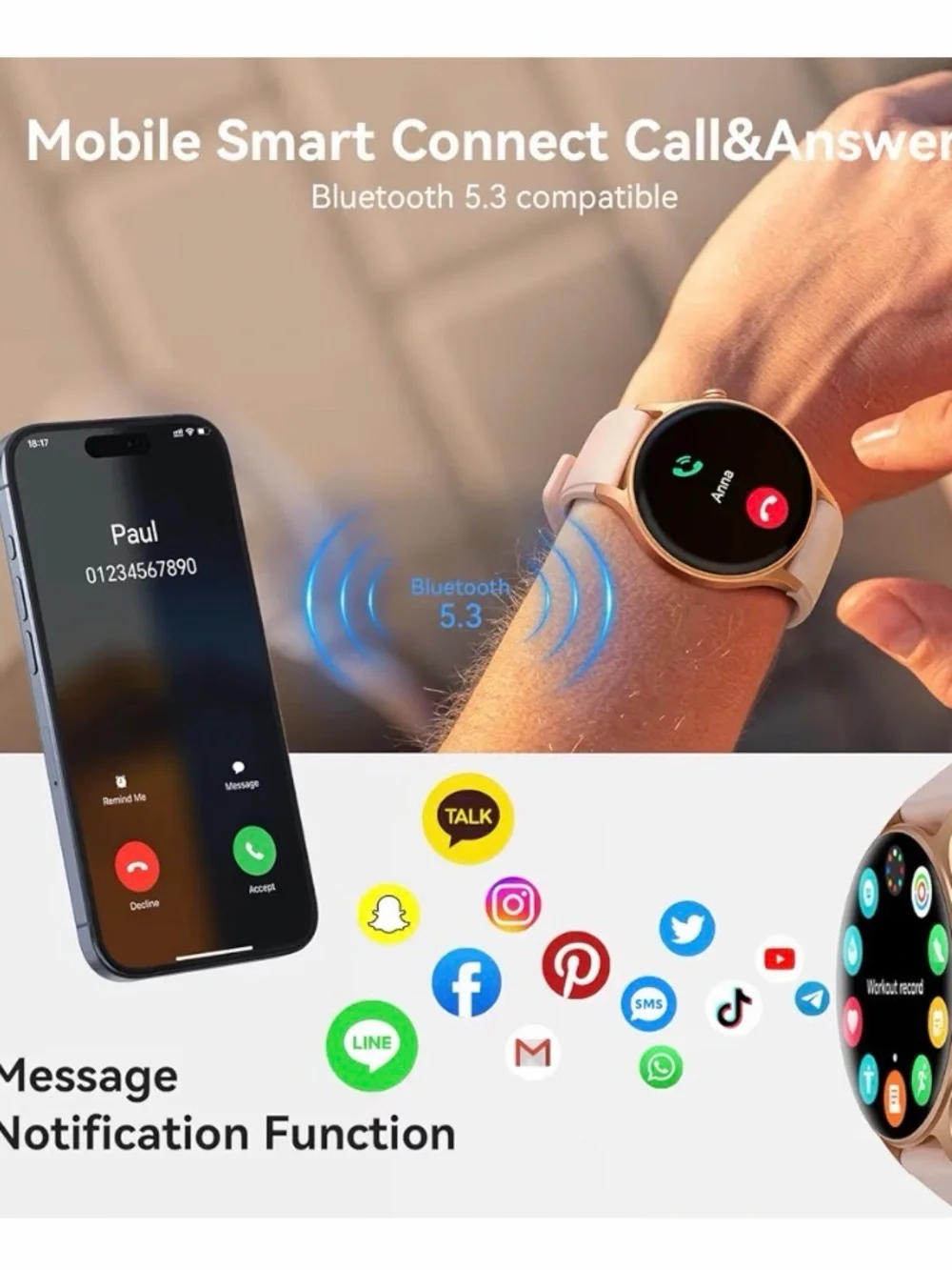 Rose Gold Smartwatch with Pale Pink Band - Health & Activity Tracker